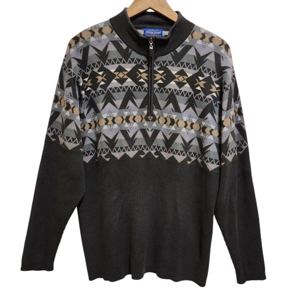 Pendleton Sweater Mens Sz L Gray Cotton Knit 1/4 Zip Lg Slv Elbow Pad Preppy